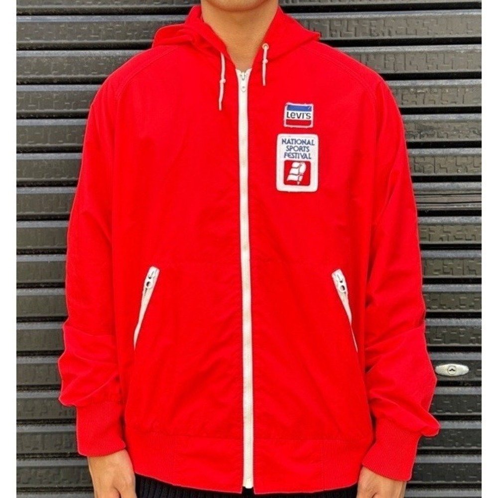 Vintage 60s Levis Hooded National Sports Festival Jacket Light Windbreaker M Red